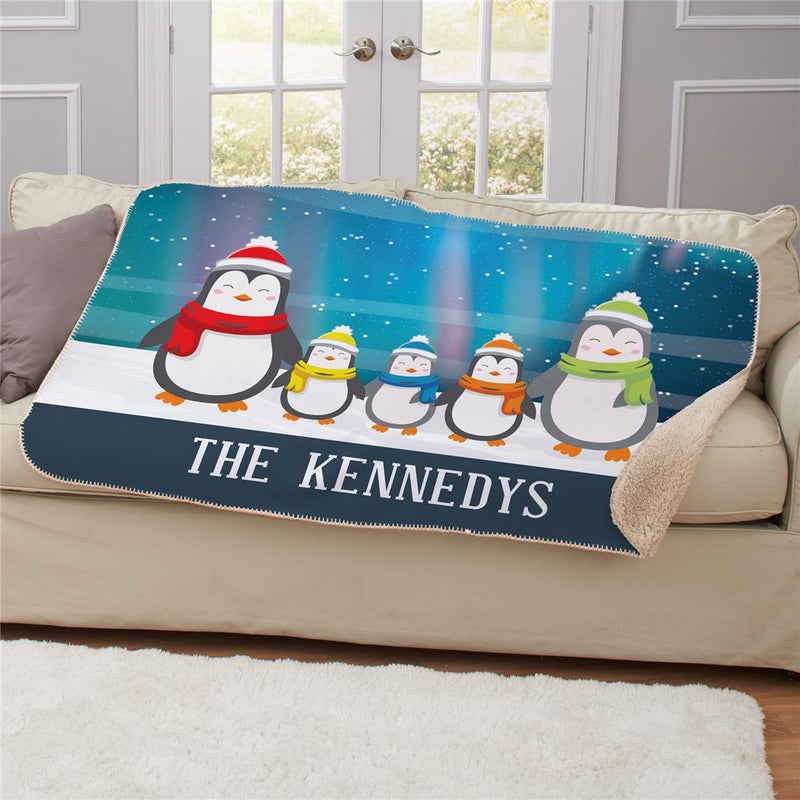 Personalized Penguin Family Sherpa Blanket - Cute Winter Family Blanket - LED Gift Works