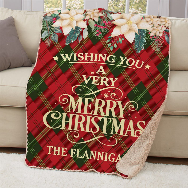 Personalized Diamond Plaid & White Poinsettias Sherpa Blanket - Elegant Holiday Throw - LED Gift Works