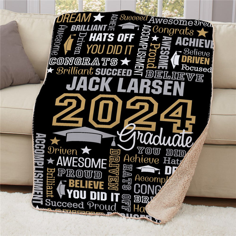 Personalized Graduation Static Word Art Sherpa Blanket - Custom Grad Name Blanket - LED Gift Works