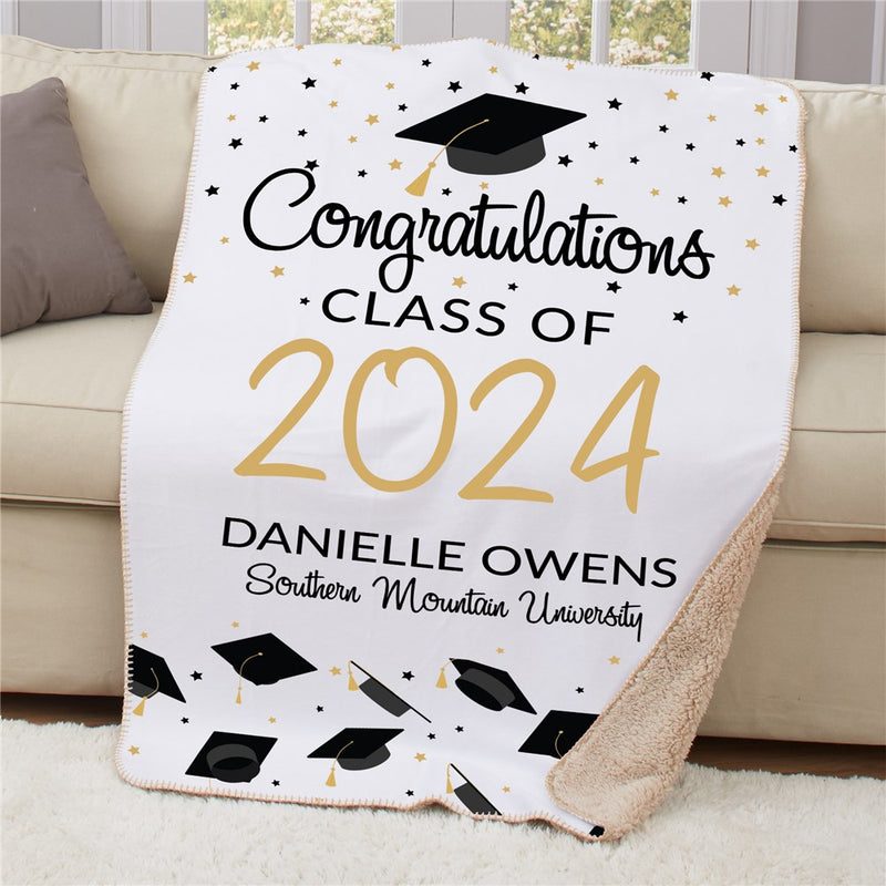 Personalized Black And Gold Confetti And Caps Sherpa Blanket - Graduation Celebration Blanket - LED Gift Works