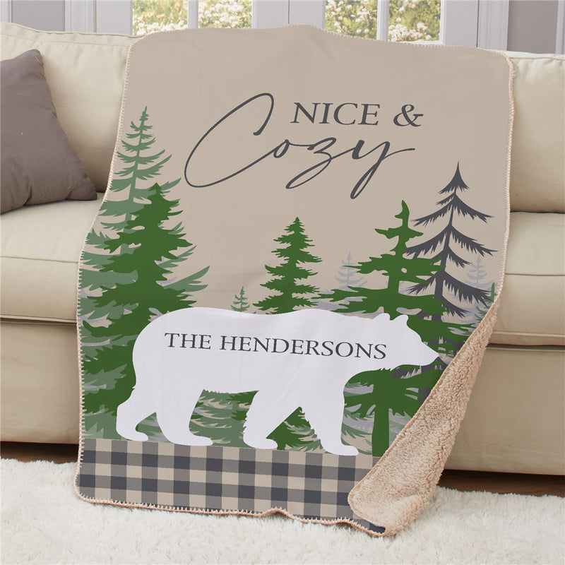 Personalized Bear and Plaid Cozy Sherpa Blanket - Winter Woodland Blanket - LED Gift Works