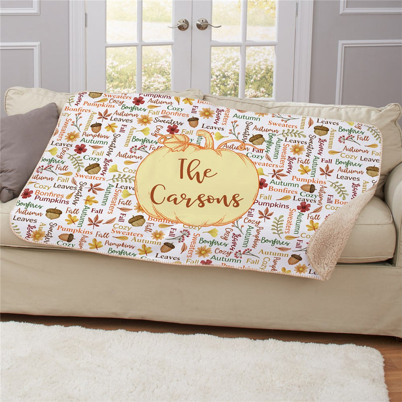 Personalized Pumpkin Fall Word Art Sherpa Blanket - Autumn Pumpkin Quote Blanket - LED Gift Works
