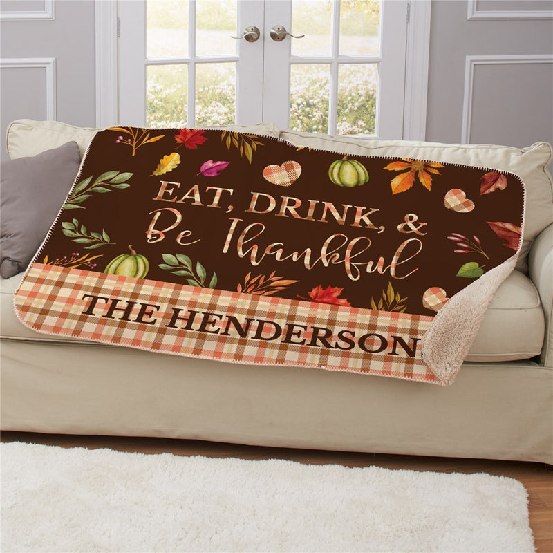 Personalized Eat Drink & Be Thankful 37" X 57" Sherpa Blanket - Thanksgiving Holiday Throw - LED Gift Works