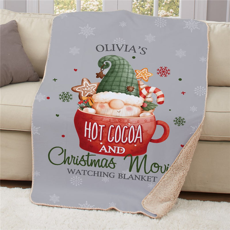 Personalized Cocoa Mug Gnome 37" X 57" Sherpa Blanket - Cute Holiday Gnome Throw - LED Gift Works