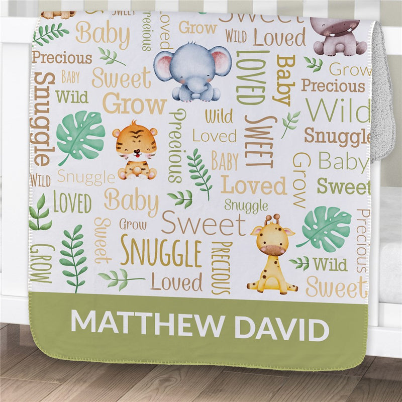 Personalized Baby Jungle Static Word Art 30" X 40" Sherpa Lined Baby Blanket - Jungle Animal Baby Blanket - LED Gift Works