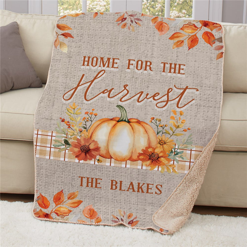 Personalized Home For The Harvest Sherpa Blanket - Watercolor Pumpkin and Leaves Fall Sherpa Throw - Cozy Autumn Decor Blanket 37" x 57" - LED Gift Works