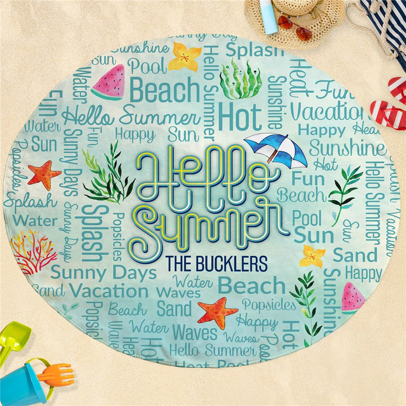 Watercolor Icons Hello Summer Round Beach Towel - Custom Text - LED Gift Works