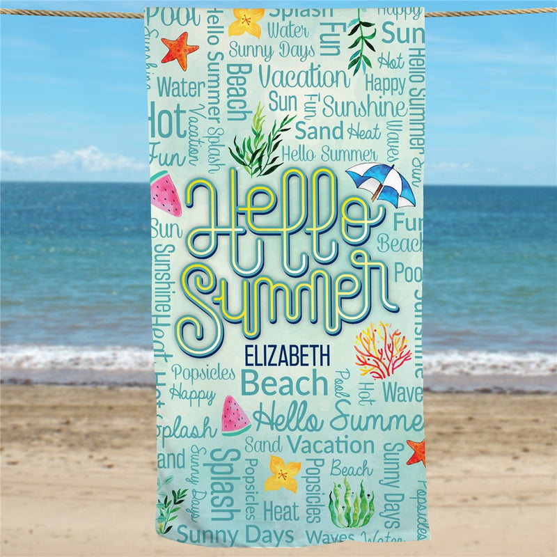 Watercolor Icons Hello Summer Beach Towel - Personalized - LED Gift Works