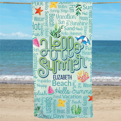 Watercolor Icons Hello Summer Beach Towel - Personalized - Way Up Gifts