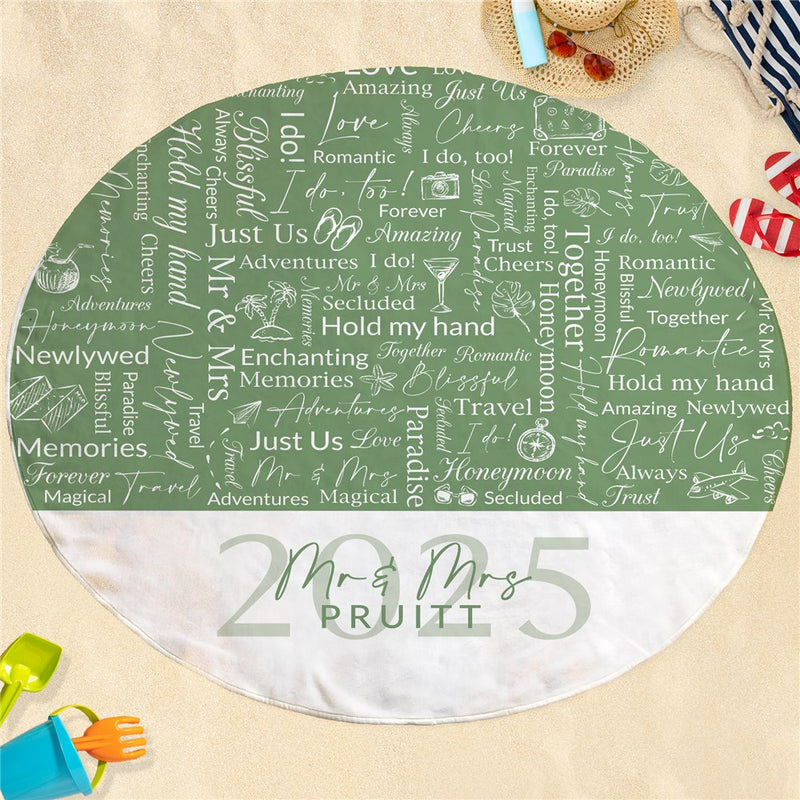 Honeymoon Green Word Art Round Beach Towel - Personalized - LED Gift Works