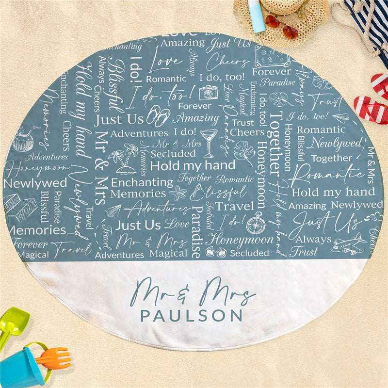 Round Mr & Mrs Light Blue Honeymoon Word Art Beach Towel - LED Gift Works