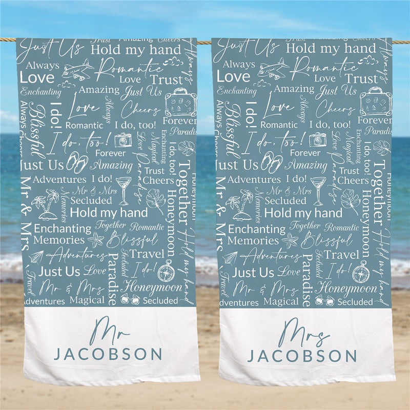 Light Blue Honeymoon Mr or Mrs Word Art Couples Beach Towel - LED Gift Works