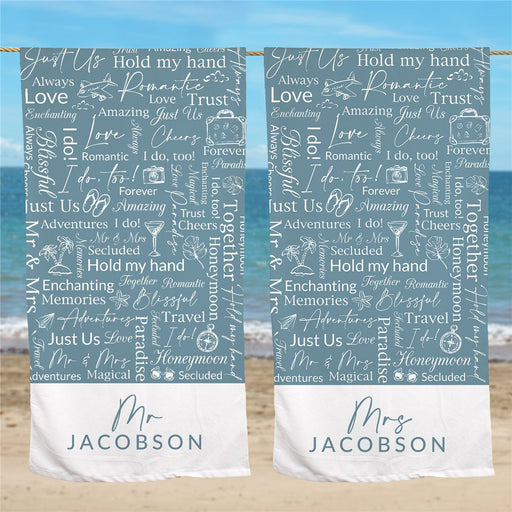 Light Blue Honeymoon Mr or Mrs Word Art Couples Beach Towel - Way Up Gifts