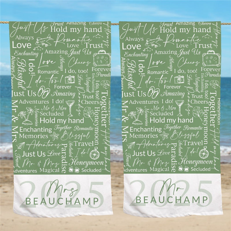 Honeymoon Year Green Word Art Mr or Mrs Couples Beach Towel - LED Gift Works