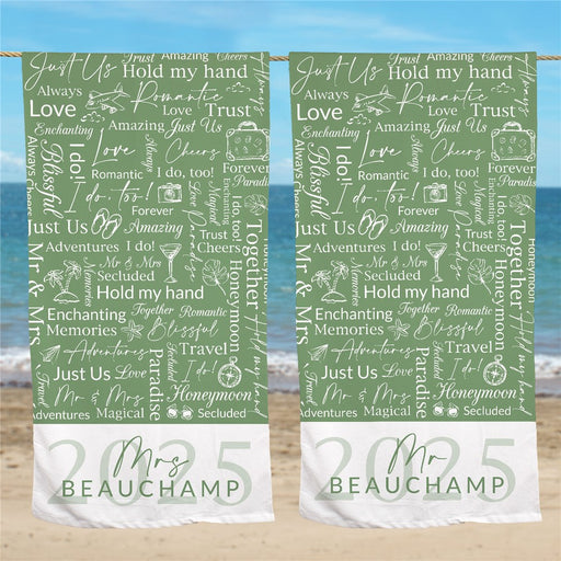 Honeymoon Year Green Word Art Mr or Mrs Couples Beach Towel - Way Up Gifts