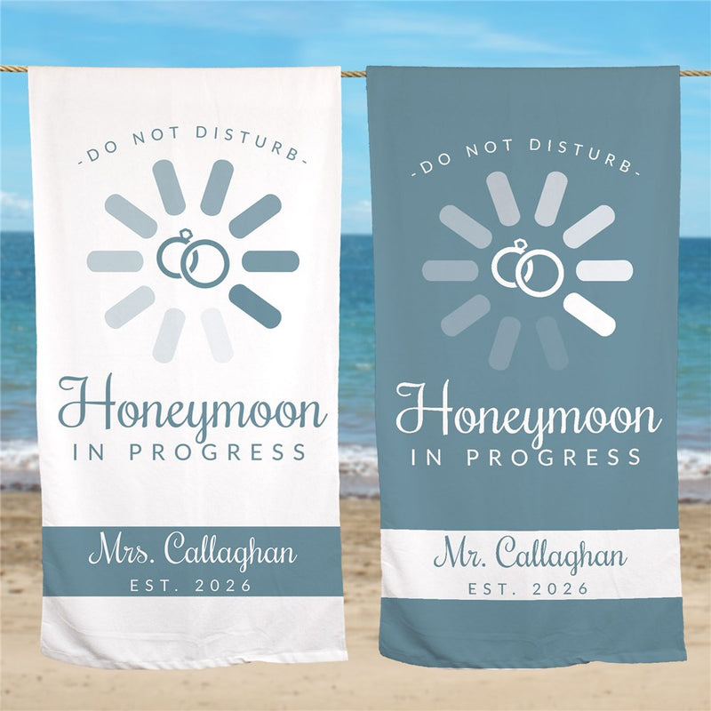 Honeymoon in Progress Beach Towel - Custom Name & Date (White or Light Blue) - LED Gift Works