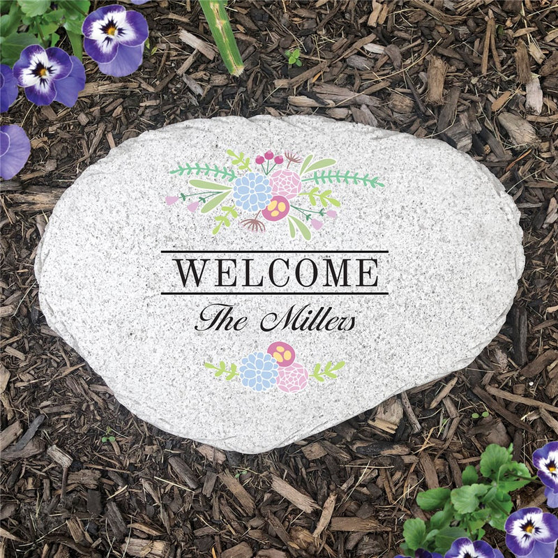 Floral Welcome Personalized Garden Stone - Realistic Resin Design - LED Gift Works
