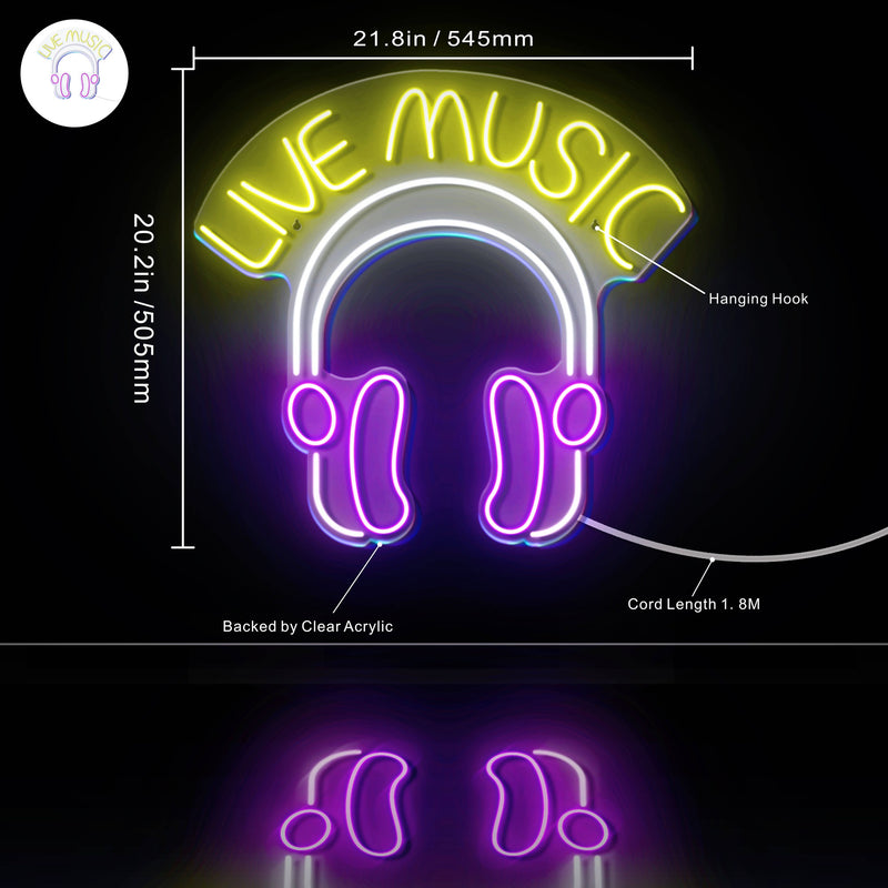 Live Music with Headphones Ultra-Bright LED Sign with Remote (Neon-Style, LED Technology) - LED Gift Works