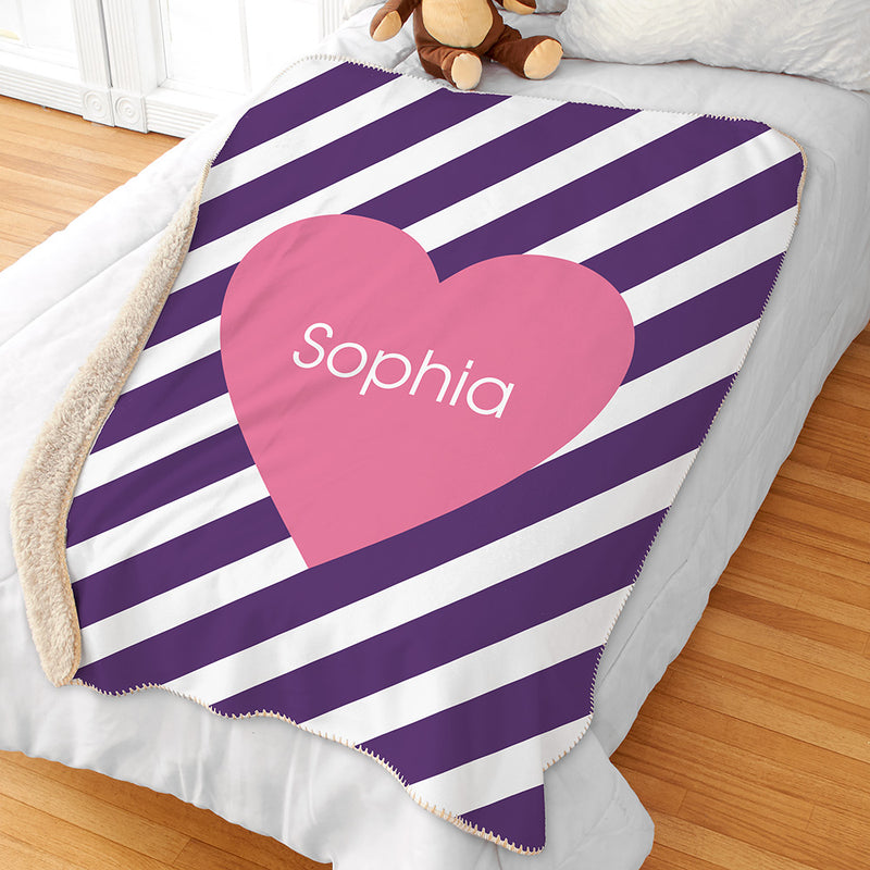 Personalized Stripes and Hearts Kids Sherpa Blanket - Cute Child's Blanket with Name - LED Gift Works