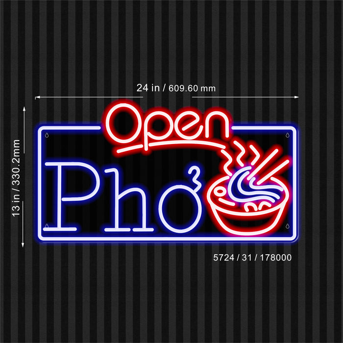 Open Pho Vietnam Noodles Ultra-Bright LED Sign with Remote (Neon-Style, LED Technology)