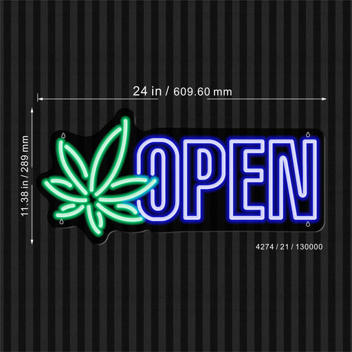 Open Hemp Leaf Marijuana Dispensary (Block Lettering) Ultra-Bright LED Sign with Remote (Neon-Style, LED Technology) - LED Gift Works