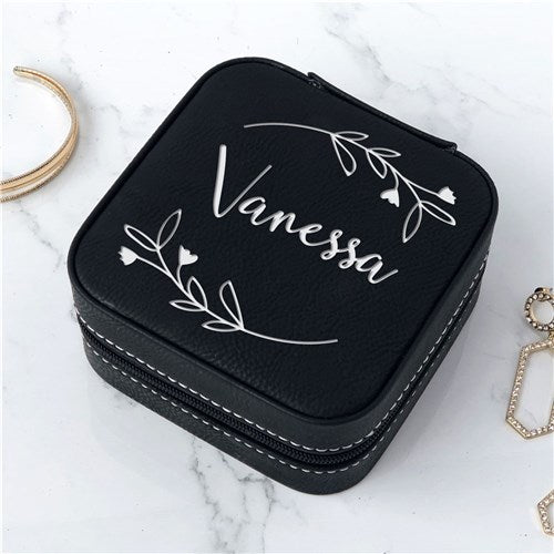 Personalized Jewelry Box - Leafy Floral Wreath Travel Gift for Bridesmaids - LED Gift Works
