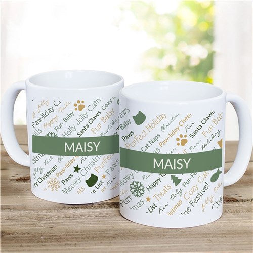 Christmas Cat Word Art Mug - Red or Sage Static Design - Way Up Gifts
