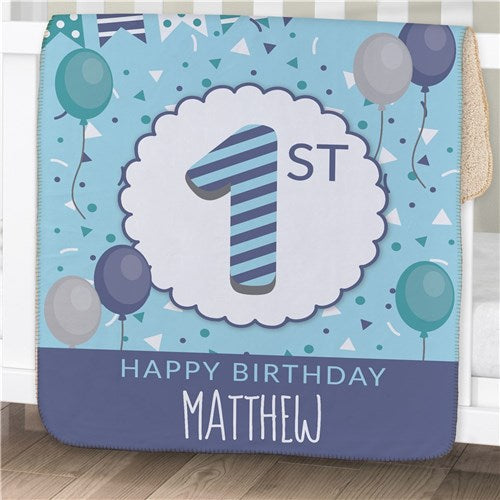Personalized 1st Birthday With Bunting Baby Blanket - Milestone Birthday Gift - Custom Baby Throw - LED Gift Works