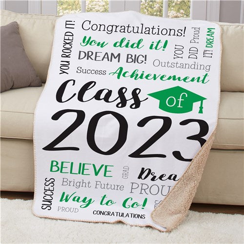 Personalized Class Of Static Word Art With Cap Sherpa Blanket - Graduation Class Throw - LED Gift Works