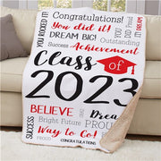 Personalized Class Of Static Word Art With Cap Sherpa Blanket - Graduation Class Throw - LED Gift Works