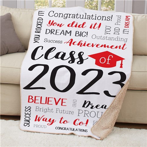 Personalized Class Of Static Word Art With Cap Sherpa Blanket - Graduation Class Throw - LED Gift Works