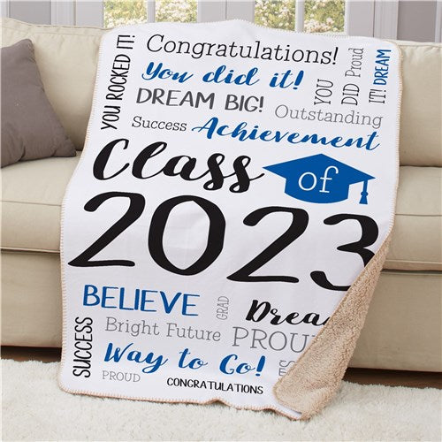 Personalized Class Of Static Word Art With Cap Sherpa Blanket - Graduation Class Throw - LED Gift Works
