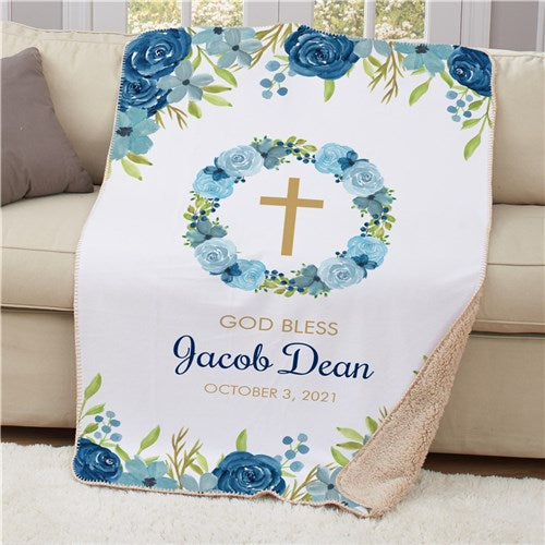 Personalized Floral Baptism Sherpa Blanket - Religious Baptism Gift - Way Up Gifts