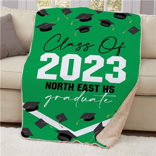 Personalized Flying Grad Caps Sherpa Blanket - Graduation Celebration Blanket - Way Up Gifts
