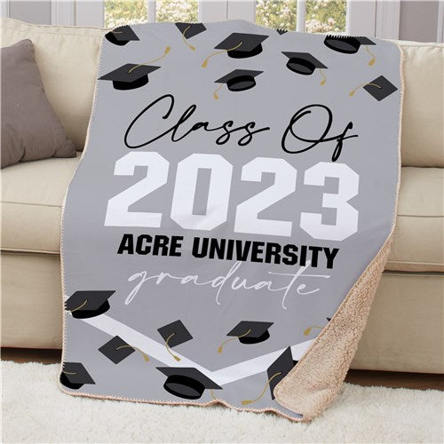 Personalized Flying Grad Caps Sherpa Blanket - Graduation Celebration Blanket - LED Gift Works