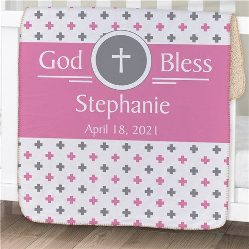 Personalized God Bless Baby Sherpa Blanket - Religious Baby Gift Blanket - Way Up Gifts