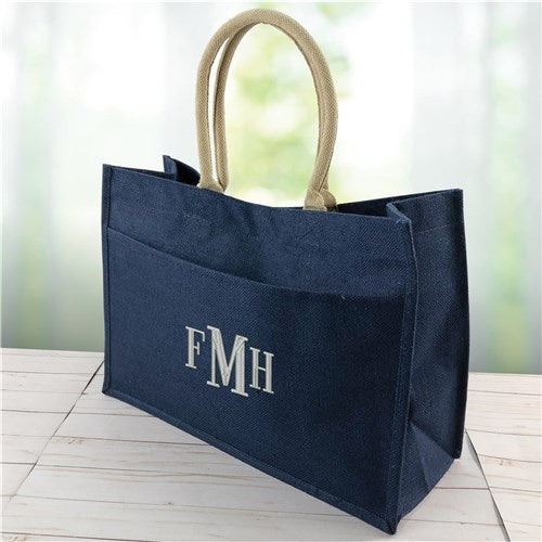 Personalized Jute Tote Bag with Monogram – 3 Initials Pocket Tote - LED Gift Works