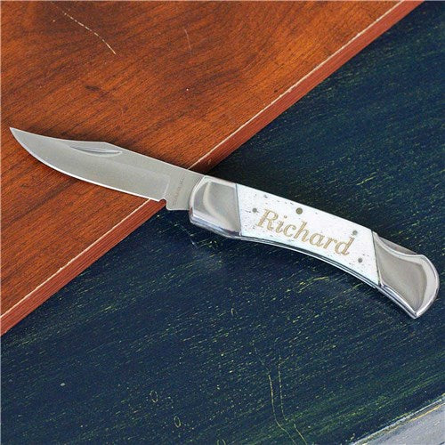 Custom Engraved White Bone Folding Knife - Groomsmen Gift - Way Up Gifts
