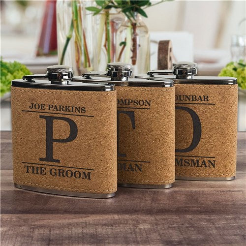 Engraved Groomsmen Cork Flask - Personalized with Name & Initial - LED Gift Works