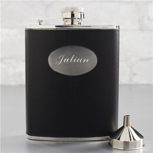 Black Leatherette Flask - Custom Engraved Groomsmen Gift - LED Gift Works