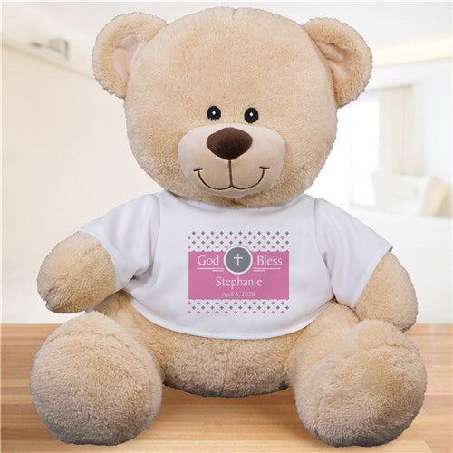 God Bless Teddy Bear with Personalized T-Shirt - Religious Gift with Name & Date - LED Gift Works