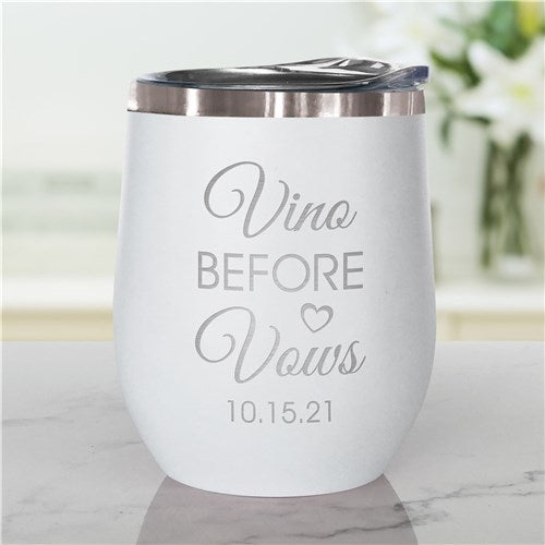 Bridal Party Wine Tumbler - Engraved Wedding Date 'Vino Before Vows' - LED Gift Works