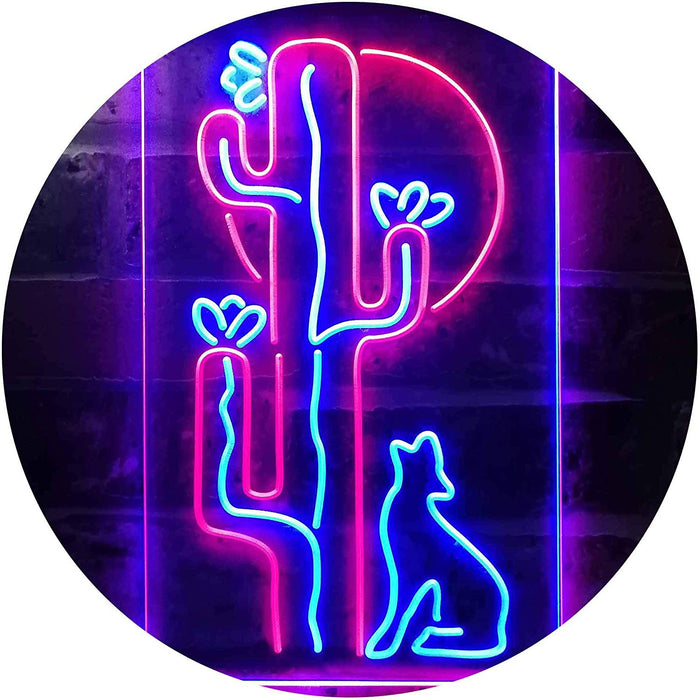 Cactus Wolf Coyote Howling Full Moon LED Light Sign - Way Up Gifts