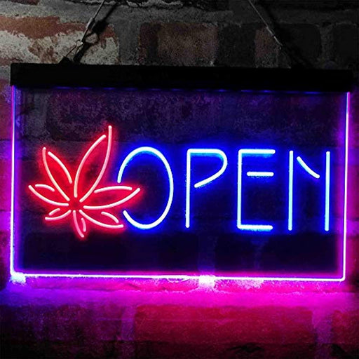 Open Hemp Leaf Marijuana Dispensary LED Light Sign - Way Up Gifts