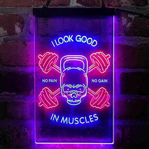 No Pain No Gain I Look Good in Muscles Weight Train Gym Fitness LED Light Sign - Way Up Gifts
