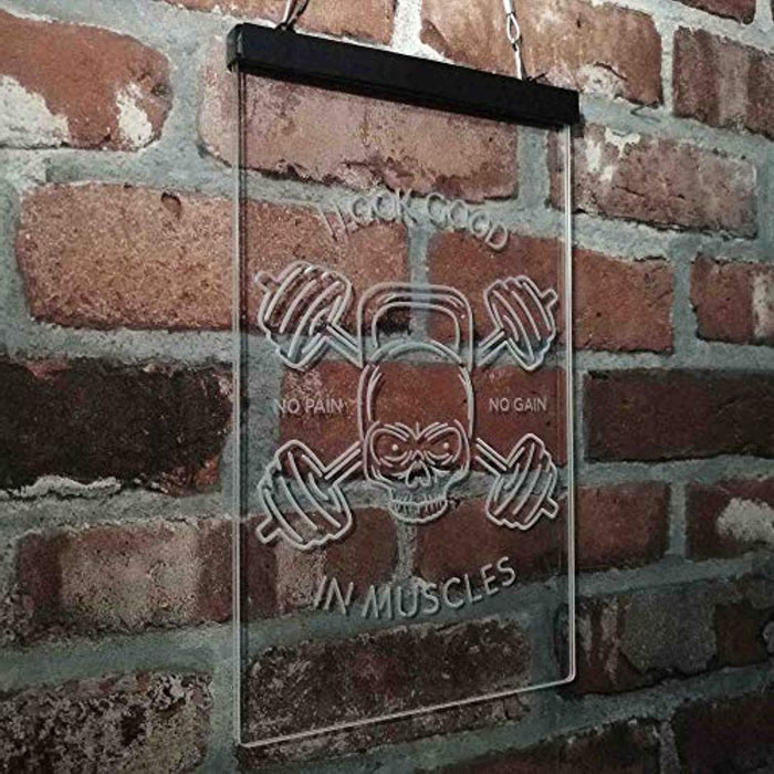 No Pain No Gain I Look Good in Muscles Weight Train Gym Fitness LED Light Sign - Way Up Gifts