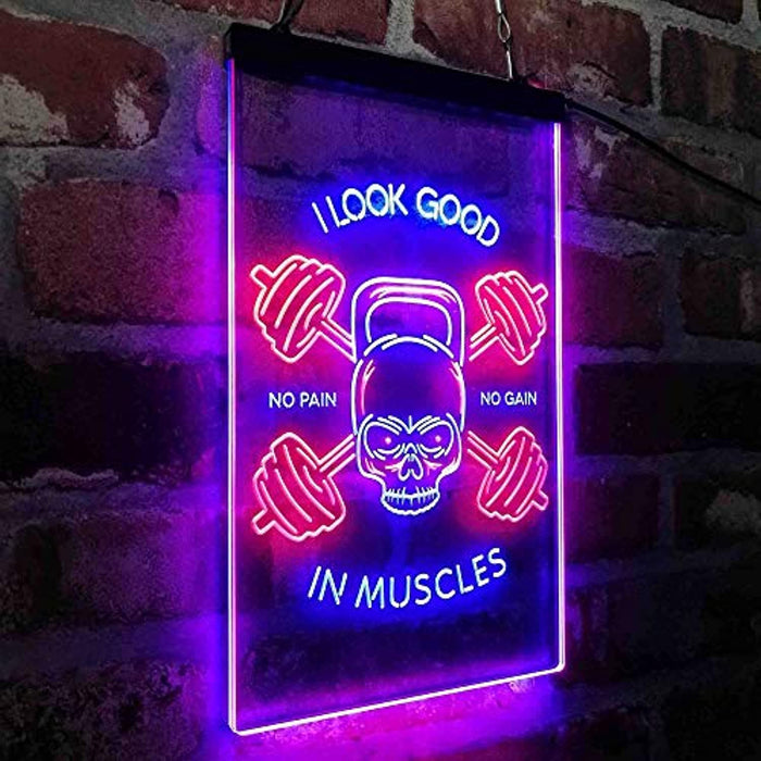 No Pain No Gain I Look Good in Muscles Weight Train Gym Fitness LED Light Sign - Way Up Gifts