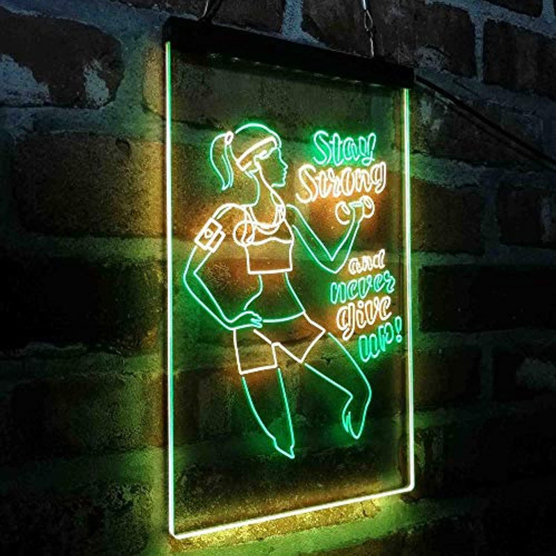 Motivational Quote Women Gym Stay Strong Never Give Up Fitness LED Light Sign - LED Gift Works