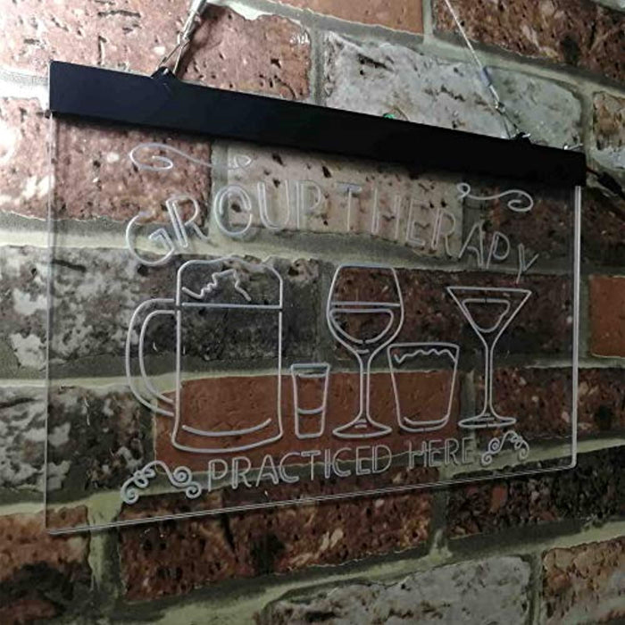 Beer Cocktails Wine Group Therapy Practiced Here Humor LED Light Sign - Way Up Gifts