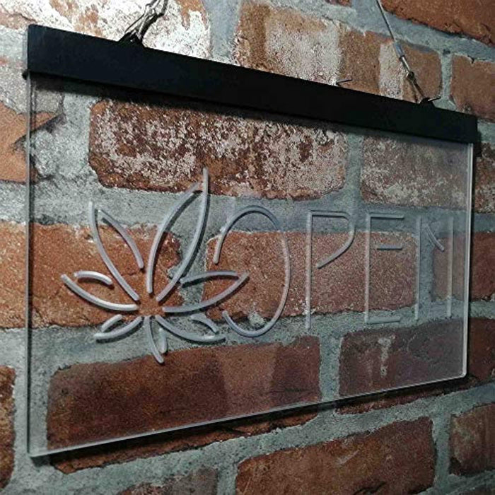 Open Hemp Leaf Marijuana Dispensary LED Light Sign - Way Up Gifts
